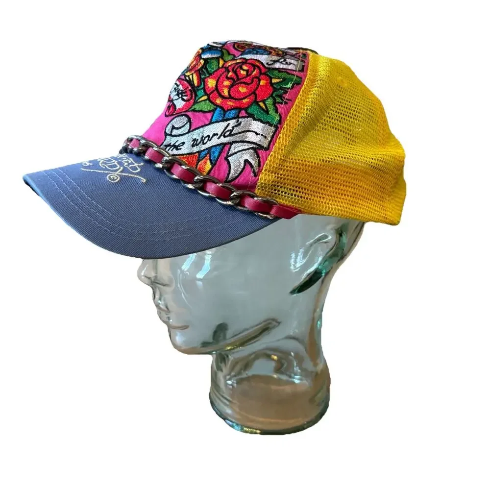 Ed Hardy for the World Hat Snap Back Blue Yellow Trucker Christian Audigier VTG